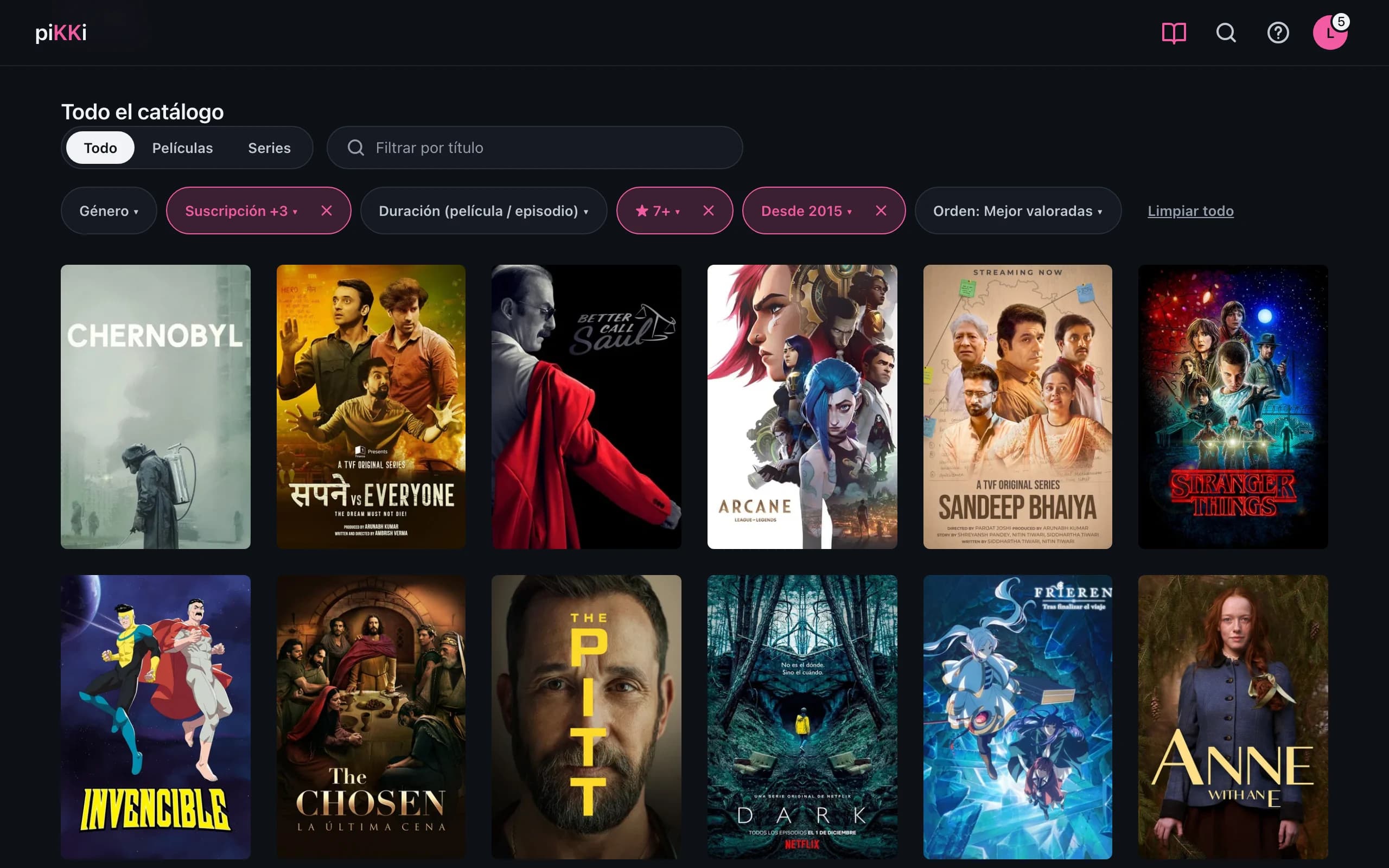 El catálogo en escritorio con filtros de «Dónde verlo» aplicados.