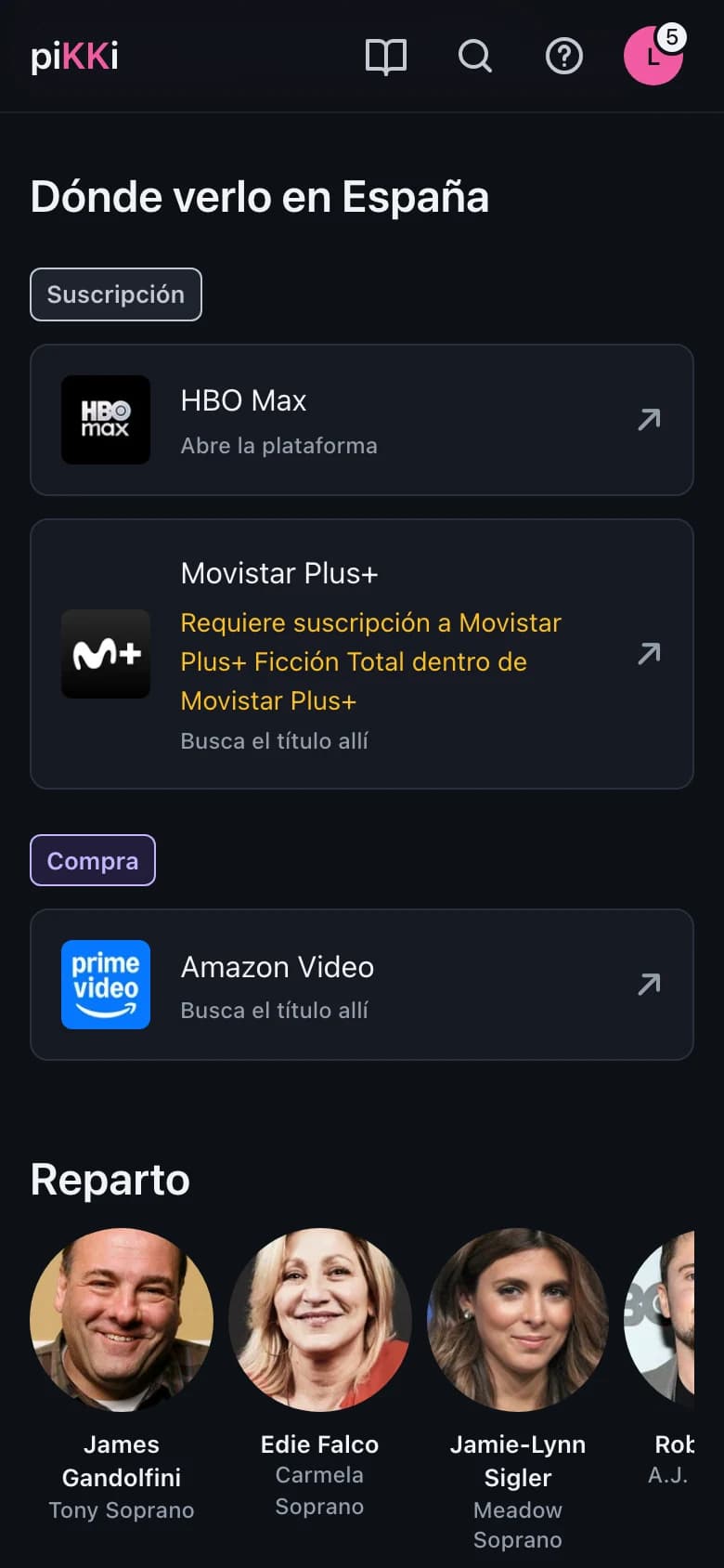 La misma ficha en el móvil, a la altura de «Dónde verlo».