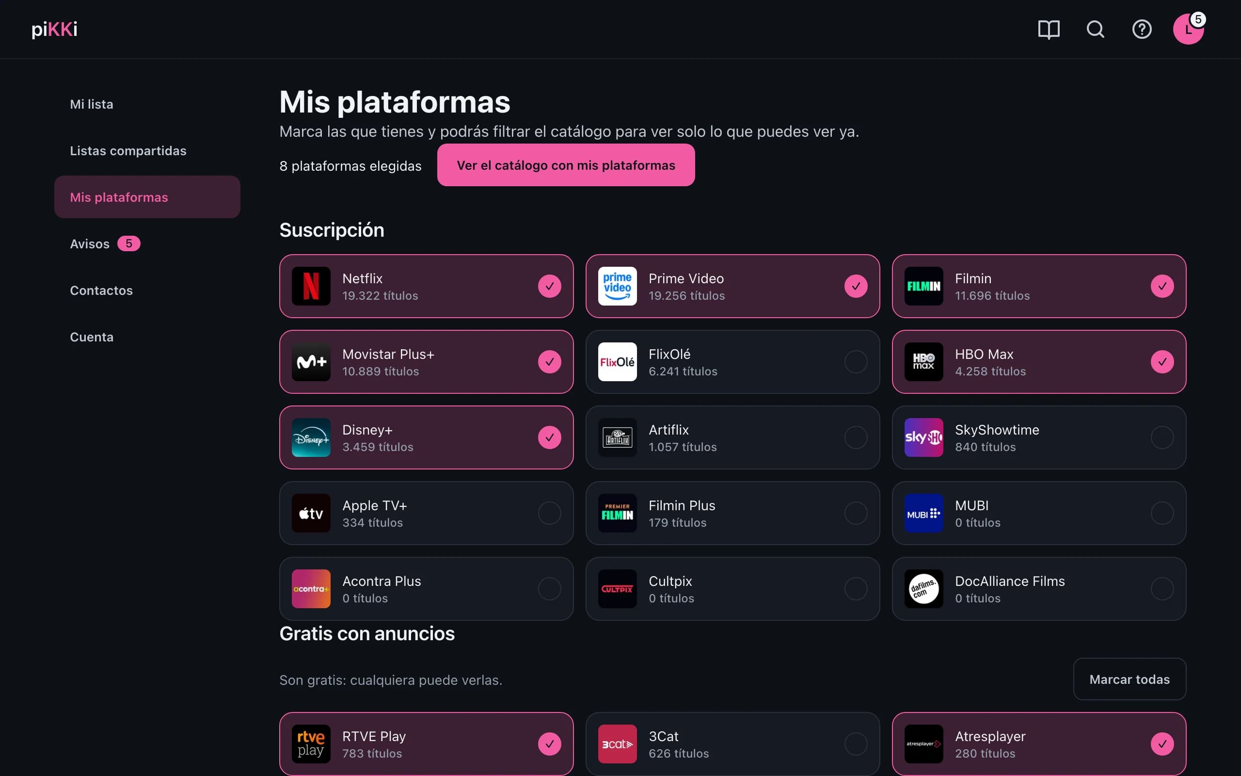 El selector de plataformas con varias marcadas.
